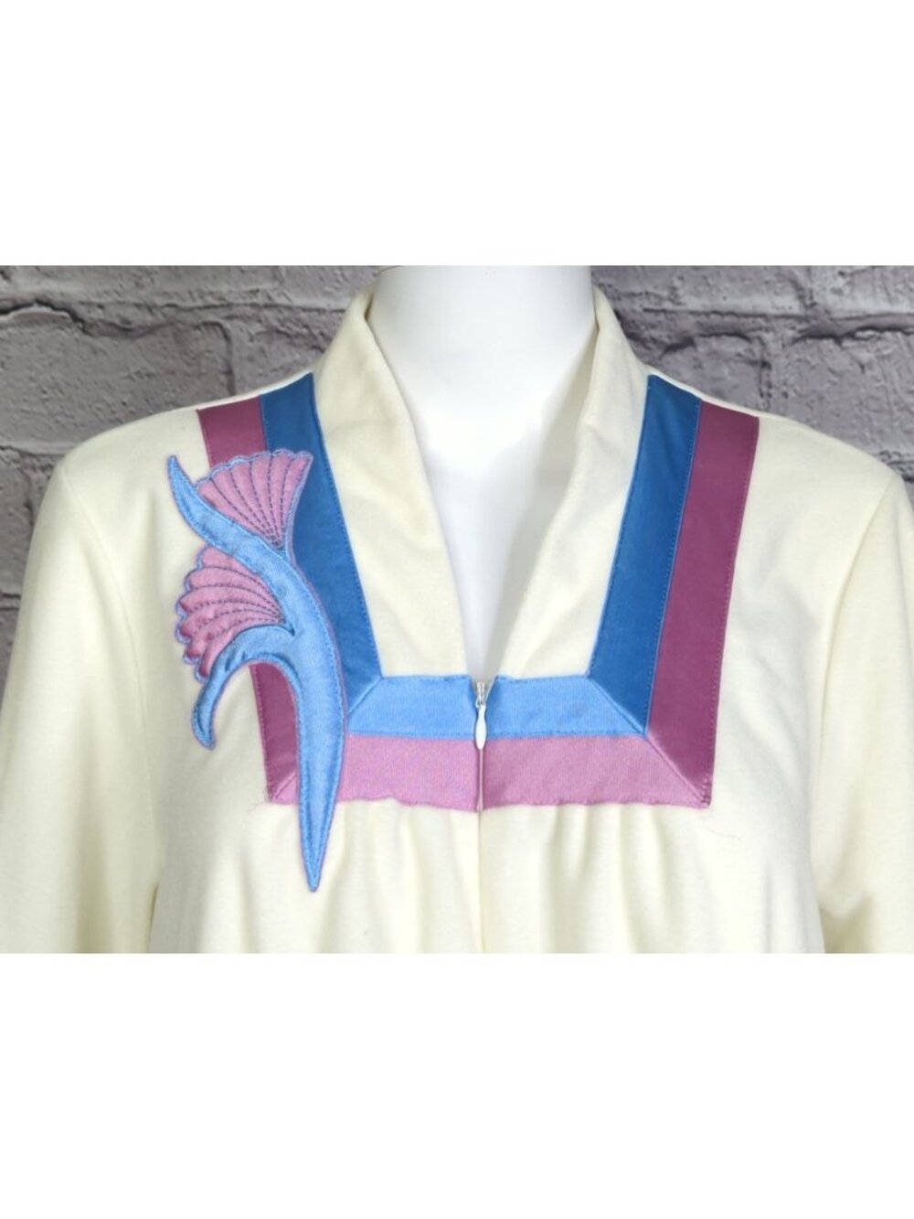 Vintage Vanity Fair Housecoat Dress Womens Large Petite Ivory Floral Trim zip fr